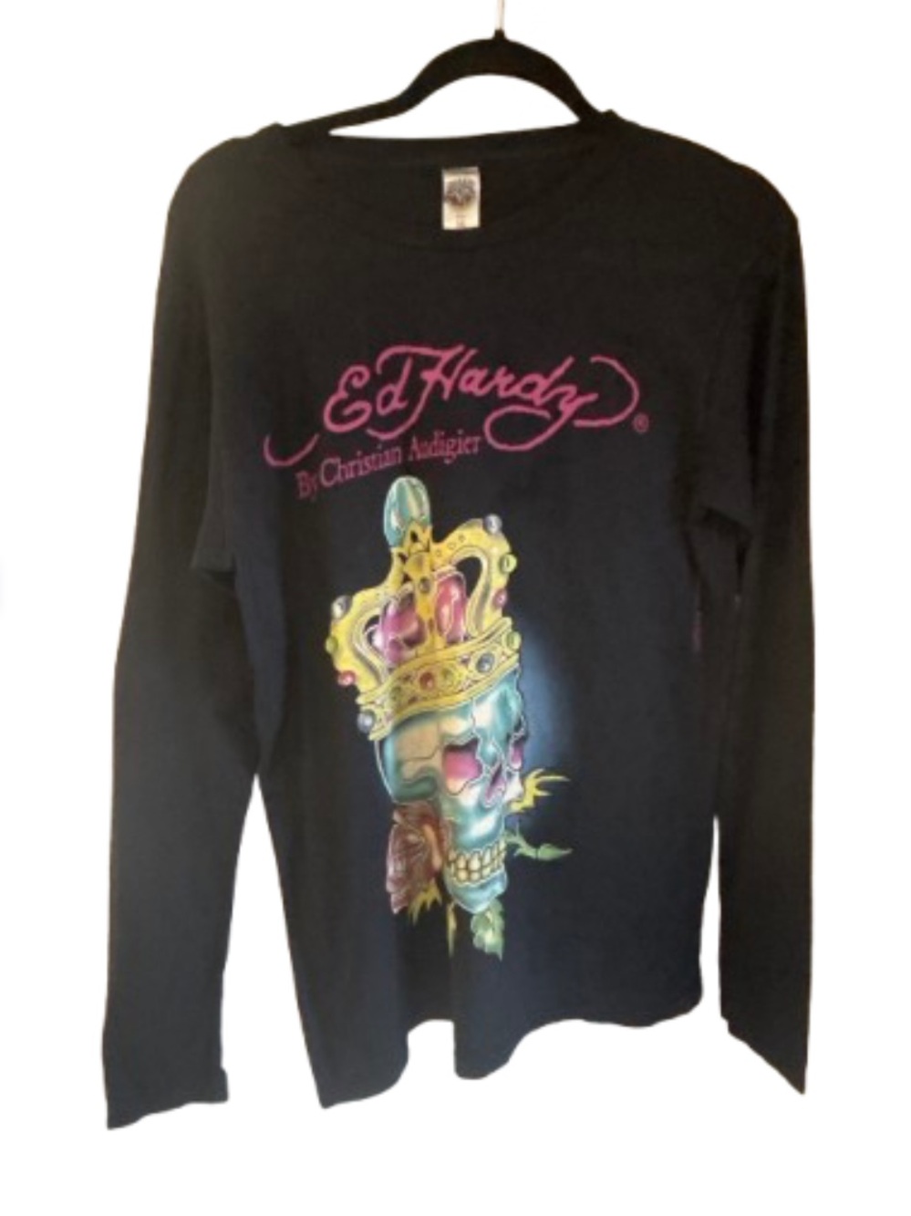 Ed Hardy Christian Audigier Skull King Long Sleeve Shirt Black Y2K Vtg Medium